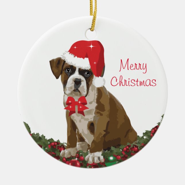 Merry Christmas Cute Dog Xmas Santa Hat Festive Ceramic Ornament (Front)