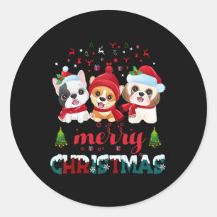 Merry Christmas Cute Dogs Red Santa Hat Christmas Classic Round Sticker