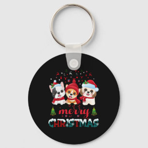 Merry Christmas Cute Dogs Red Santa Hat Christmas  Key Ring