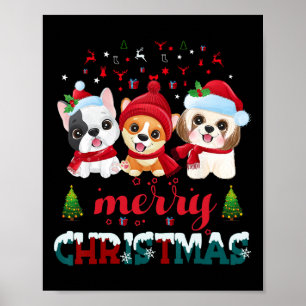 Merry Christmas Cute Dogs Red Santa Hat Christmas Poster
