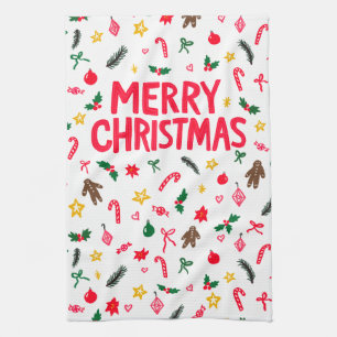 MERRY CHRISTMAS Cute Doodle Whimsical CUSTOM Tea Towel