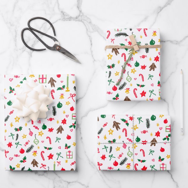 Merry Christmas Cute Doodle Whimsical Pattern  Wrapping Paper Sheet (Front)
