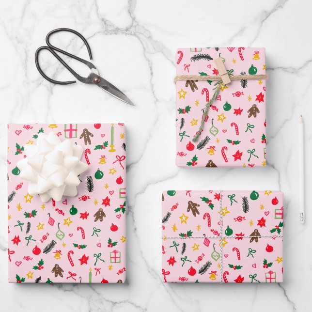Merry Christmas Cute Doodle Whimsical Pattern  Wrapping Paper Sheet (Front)