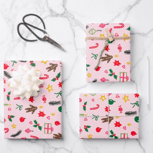Merry Christmas Cute Doodle Whimsical Pattern  Wrapping Paper Sheet (Front)