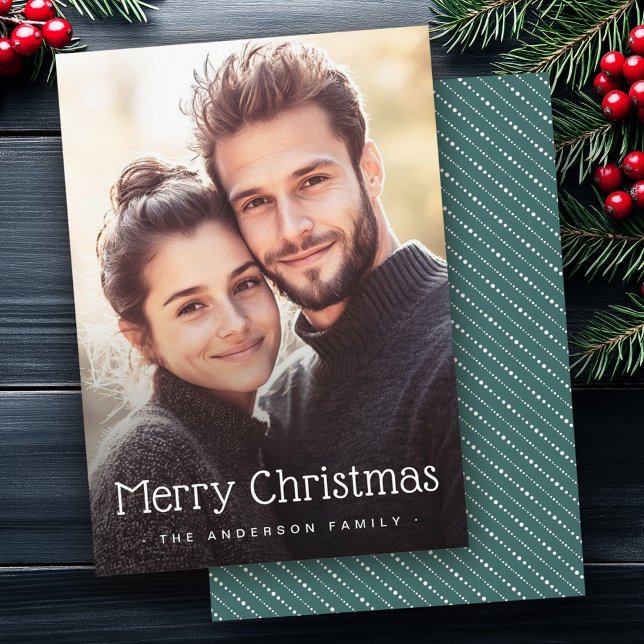 Merry Christmas cute dotted stripes green photo Holiday Card (Merry Christmas cute dotted stripes green photo Holiday Card)