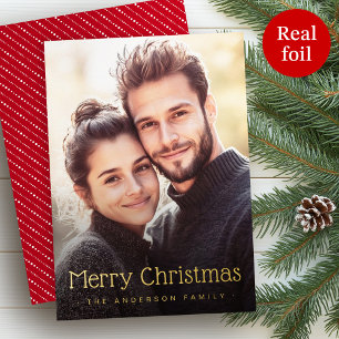 Merry Christmas cute dotted stripes red photo Foil Holiday Card
