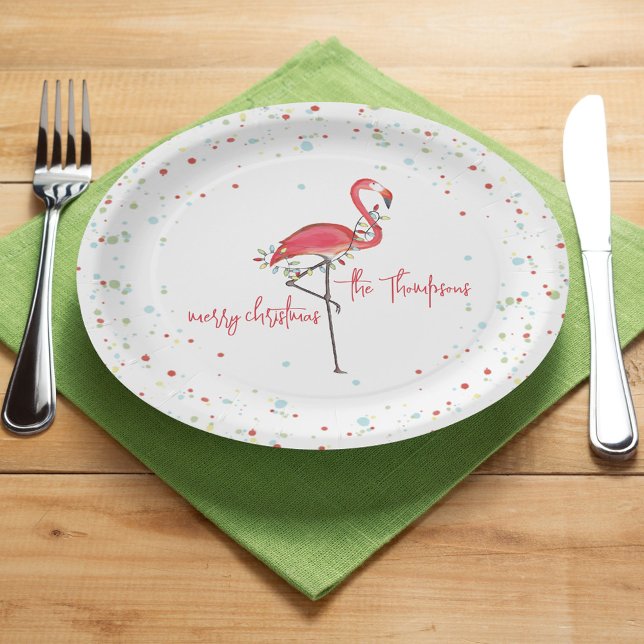 Merry Christmas Cute Festive Flamingo String Light Paper Plate (Simple Merry Christmas cute pink flamingo calligraphy script paper plate)