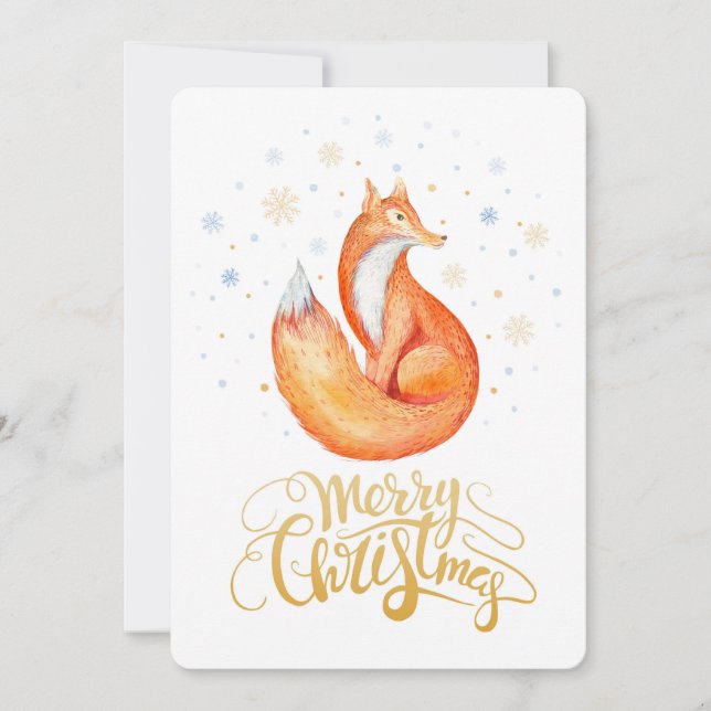 Merry Christmas Cute Fox and Snowflakes Card (Front)