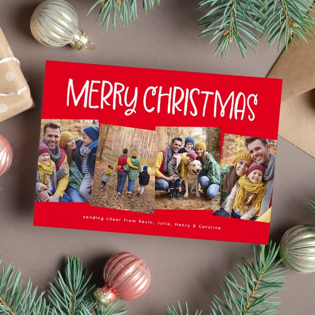 Merry Christmas cute fun four photo red Holiday Card (Creator Uploaded)