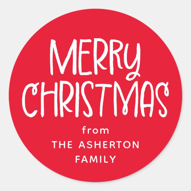 Merry Christmas cute fun red family name Classic Round Sticker (Front)
