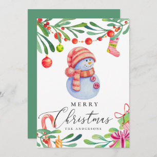 Merry Christmas. Cute funny watercolor snowman Holiday Card