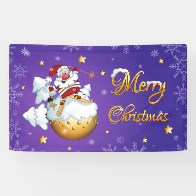 Merry Christmas Cute Funny Winter Skiing Santa  Banner (Horizontal)