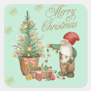 Merry Christmas Cute Gnome and Christmas Tree Square Sticker