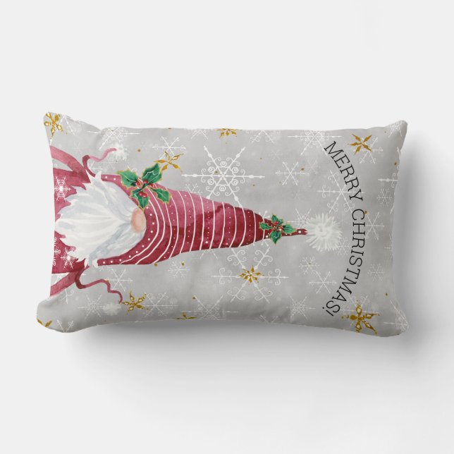 Merry Christmas Cute Gnome Holly Snowflake n Stars Lumbar Cushion (Front)