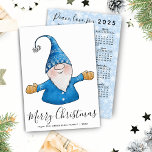 Merry Christmas Cute Gnome in Blue 2025 Calendar Holiday Card<br><div class="desc">This unique Christmas Holiday card features a cute gnome in blue,  Merry Christmas greetings and a template text to type your Family name and the year. 2025 calendar is on the backside and is decorated with a blue and white snowflake pattern.</div>