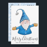 Merry Christmas Cute Gnome in Blue 2025 Calendar Holiday Card<br><div class="desc">This unique Christmas Holiday card features a cute gnome in blue,  Merry Christmas greetings and a template text to type your Family name and the year. 2025 calendar is on the backside and is decorated with a blue and white snowflake pattern.</div>