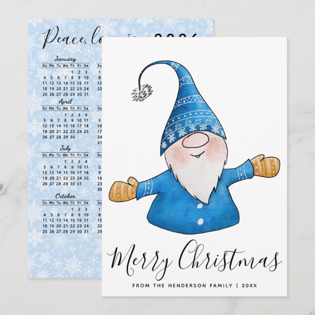 Merry Christmas Cute Gnome in Blue 2025 Calendar Holiday Card (Front/Back)