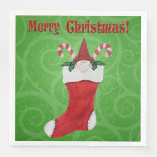 Merry Christmas Cute Gnome in Stocking Green Swirl Napkin
