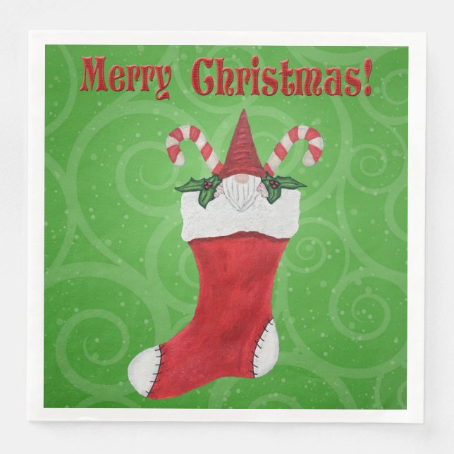 Merry Christmas Cute Gnome in Stocking Green Swirl Napkin (Front)