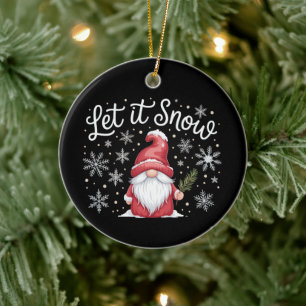 Merry Christmas Cute Gnome Let It Snow Winter Ceramic Ornament