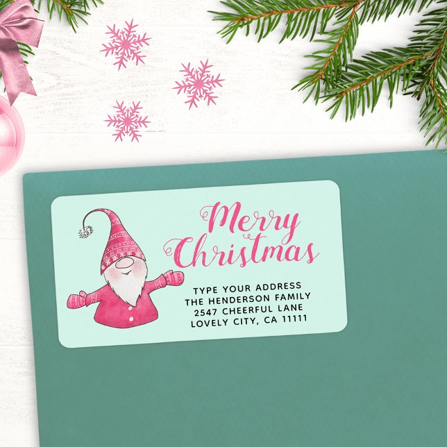 Merry Christmas Cute Gnome Mint Green and Pink Label (Creator Uploaded)