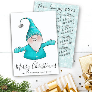 Merry Christmas Cute Gnome Teal Blue 2025 Calendar Holiday Card