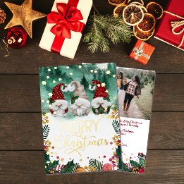 Merry Christmas Cute Gnomes Gold Stars Photo Foil Holiday Card