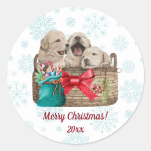 Merry Christmas Cute Golden Retriever Puppies Classic Round Sticker