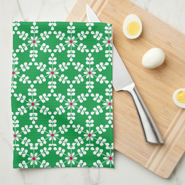 Merry Christmas Cute Green Snowflakes Tea Towel (Quarter Fold)