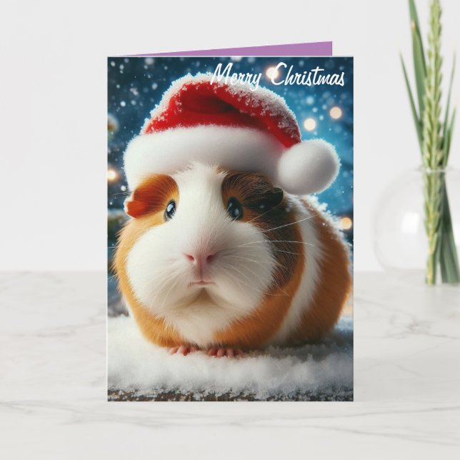 Merry Christmas Cute Guinea Pig with Santa Hat Card (Front)