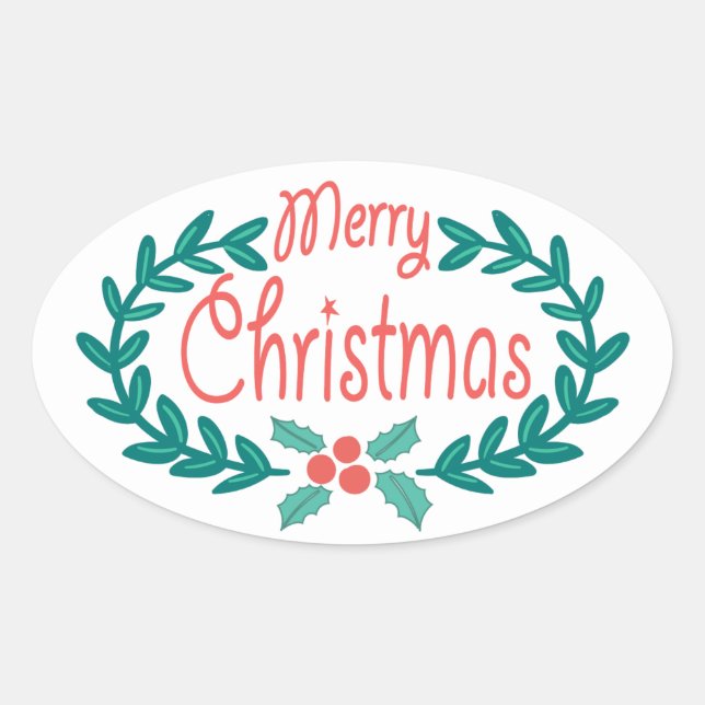 MERRY CHRISTMAS CUTE HAND-DRAWN HOLLY WREATH OVAL STICKER (Front)