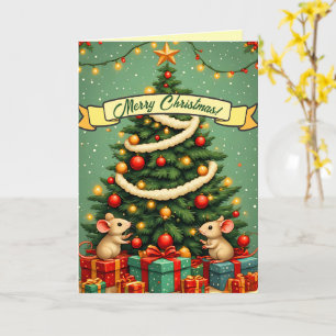 Merry Christmas Cute Happy Mice Victorian Tree Card