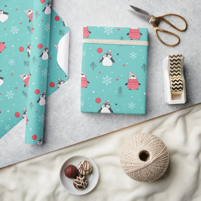 Merry Christmas Cute Happy Penguin in Hats Blue Wrapping Paper (Crafts)