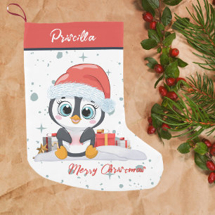 Merry Christmas Cute Happy Penguin With Snow Small Christmas Stocking