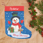 Merry Christmas Cute Happy Snowman With Snow Small Christmas Stocking<br><div class="desc">Festive Snowman Christmas Stocking Bring the magic of a winter wonderland into your home with this adorable Christmas stocking! Featuring a joyful snowman surrounded by presents, a snowy backdrop, and “Merry Christmas” at the bottom, it’s the perfect way to celebrate the season. Personalise with the lucky recipient's name at the...</div>