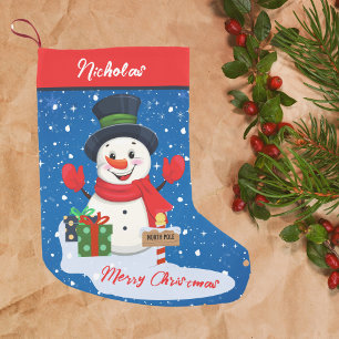 Merry Christmas Cute Happy Snowman With Snow Small Christmas Stocking