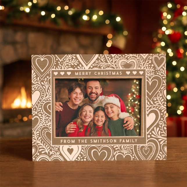   Merry Christmas Cute Heart & Foliage Family Name Etched Frames (Creator Uploaded)