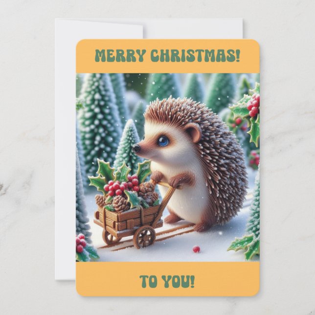 MERRY CHRISTMAS Cute Hedgehog Flat Holiday Card (Front)