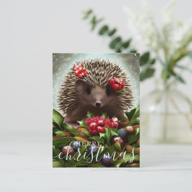 Merry Christmas Cute Hedgehog Holiday Postcard (Standing Front)