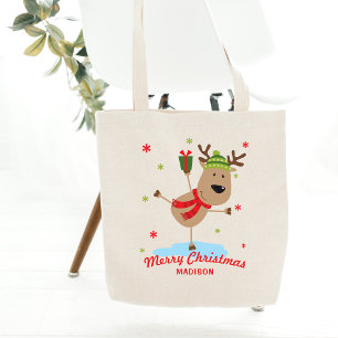 Merry Christmas Cute Holiday Reindeer Personalised Tote Bag