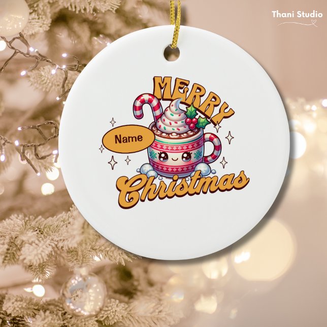 Merry Christmas Cute Hot Chocolate Mug Family Ceramic Ornament (Creator Uploaded)