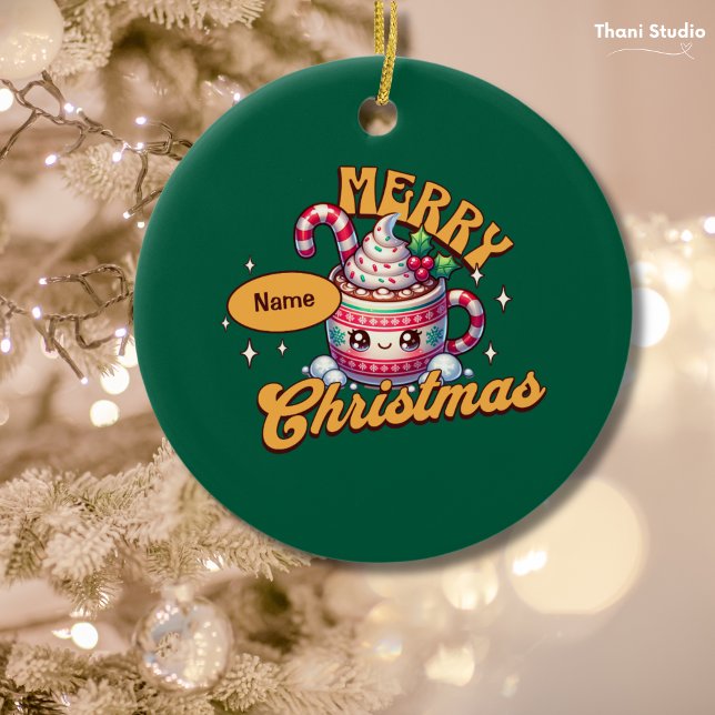 Merry Christmas Cute Hot Chocolate Mug Family Ceramic Ornament (Creator Uploaded)