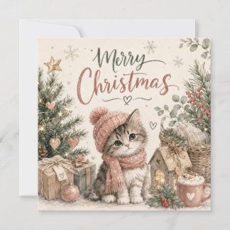 Merry Christmas Cute Kitten Flat Christmas Card