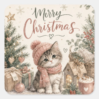 Merry Christmas Cute Kitten Square Sticker