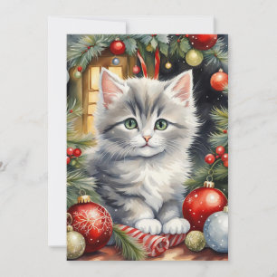 Merry Christmas Cute Kitten with Ornaments  Holiday Card