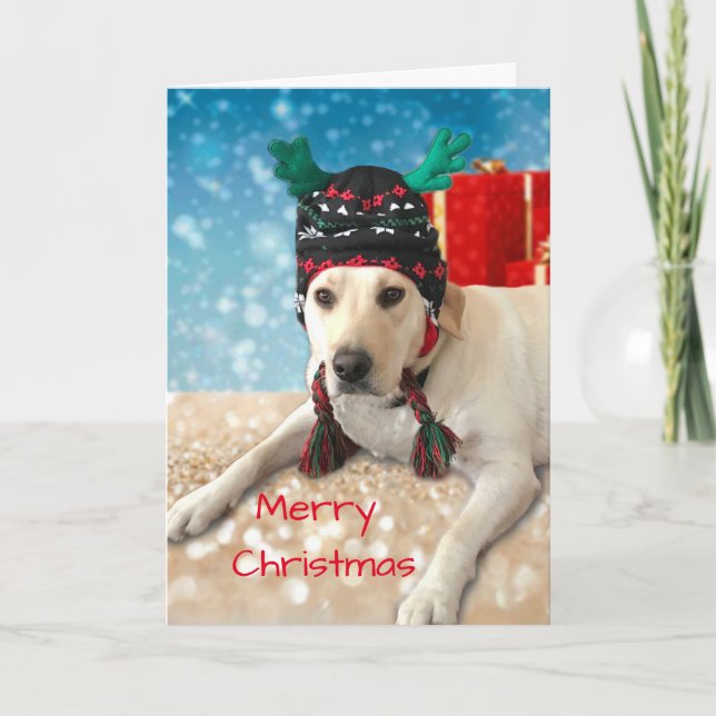 Merry Christmas Cute Labrador Dog with Antler Hat Holiday Card (Front)