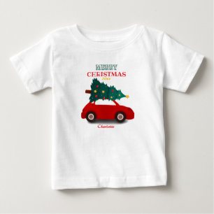 Merry Christmas Cute Little Vintage Red Car Name Baby T-Shirt