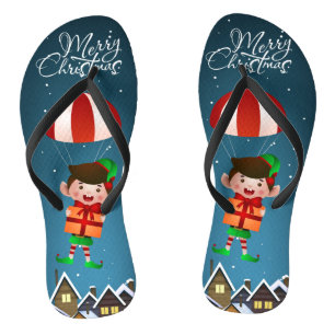 Merry Christmas Cute Modern Parachuting Boy Elf Thongs
