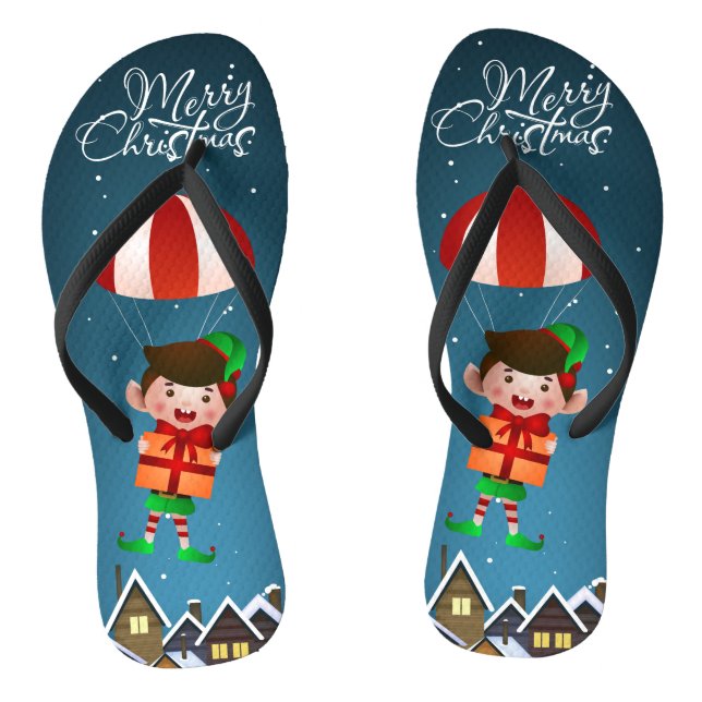 Merry Christmas Cute Modern Parachuting Boy Elf Thongs (Footbed)