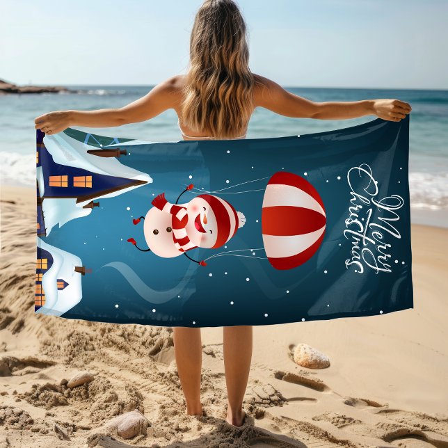 Merry Christmas Cute Modern Parachuting Snowman Beach Towel (Creator Uploaded)